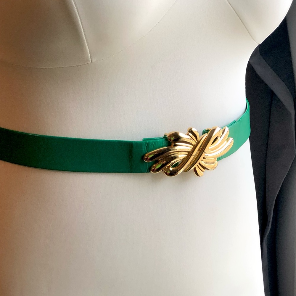 Vintage Green Leatherette Belt with Accent Gold Clasp Buckle Waist Cinching